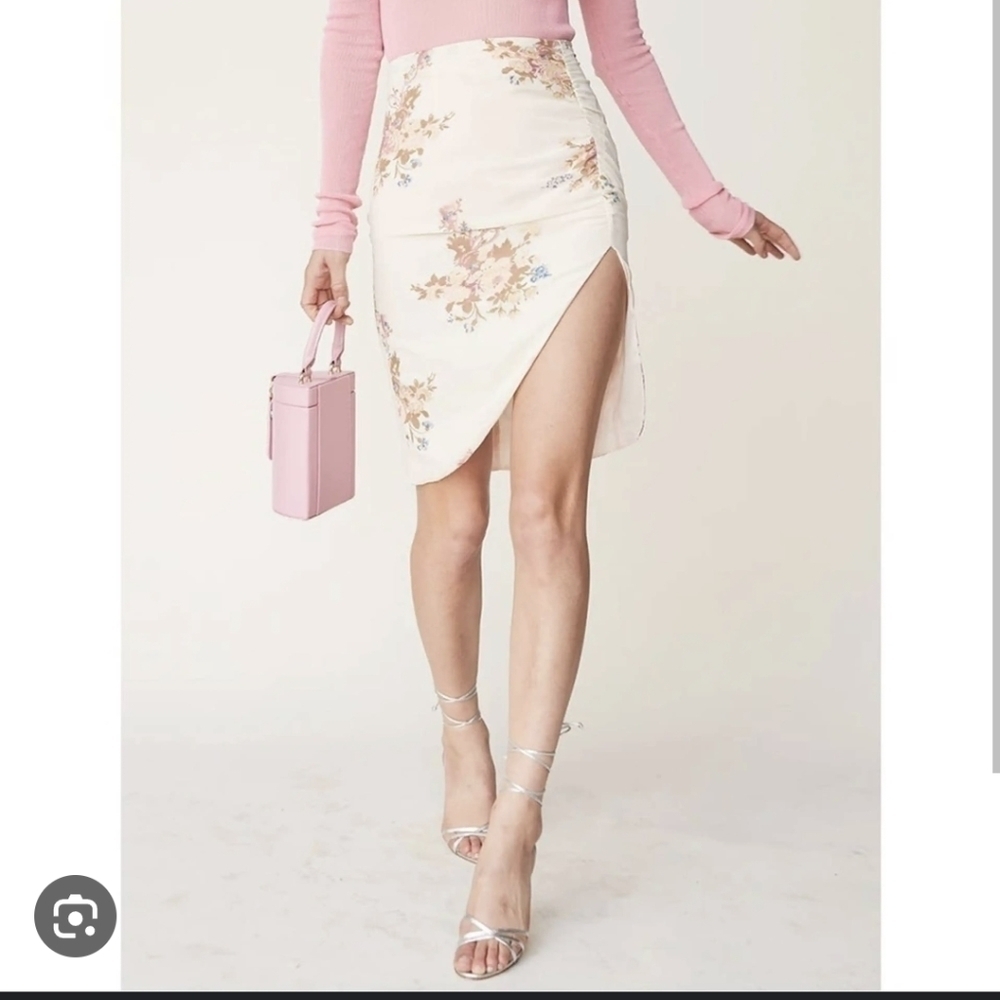 LPA Floral Ruched High Slit Midi Skirt Cream Gold Glitter Rose Print Small